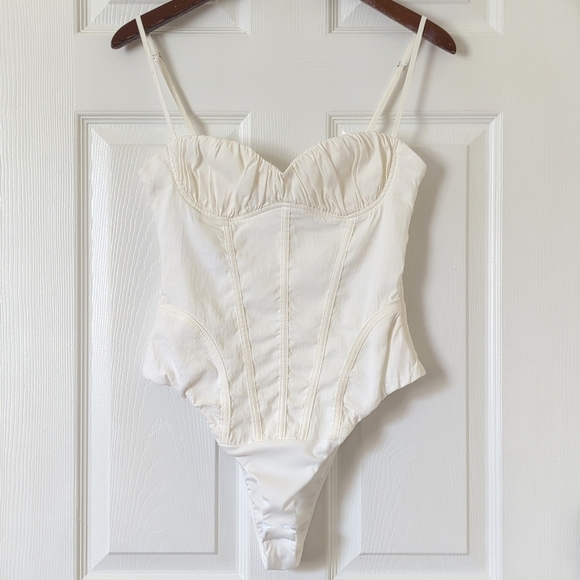 Zara Linen Blend Corset Inspired Form Fitting Sleeveless Tank Bodysuit Ivory M - Picture 1 of 12